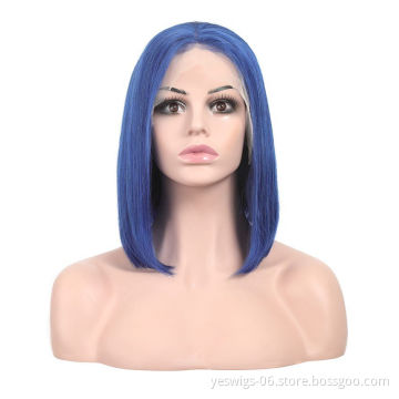 Wholesale Blue Short Bob Wig Brazilian Human Hair Colored Lace Front Wigs for Black Women
